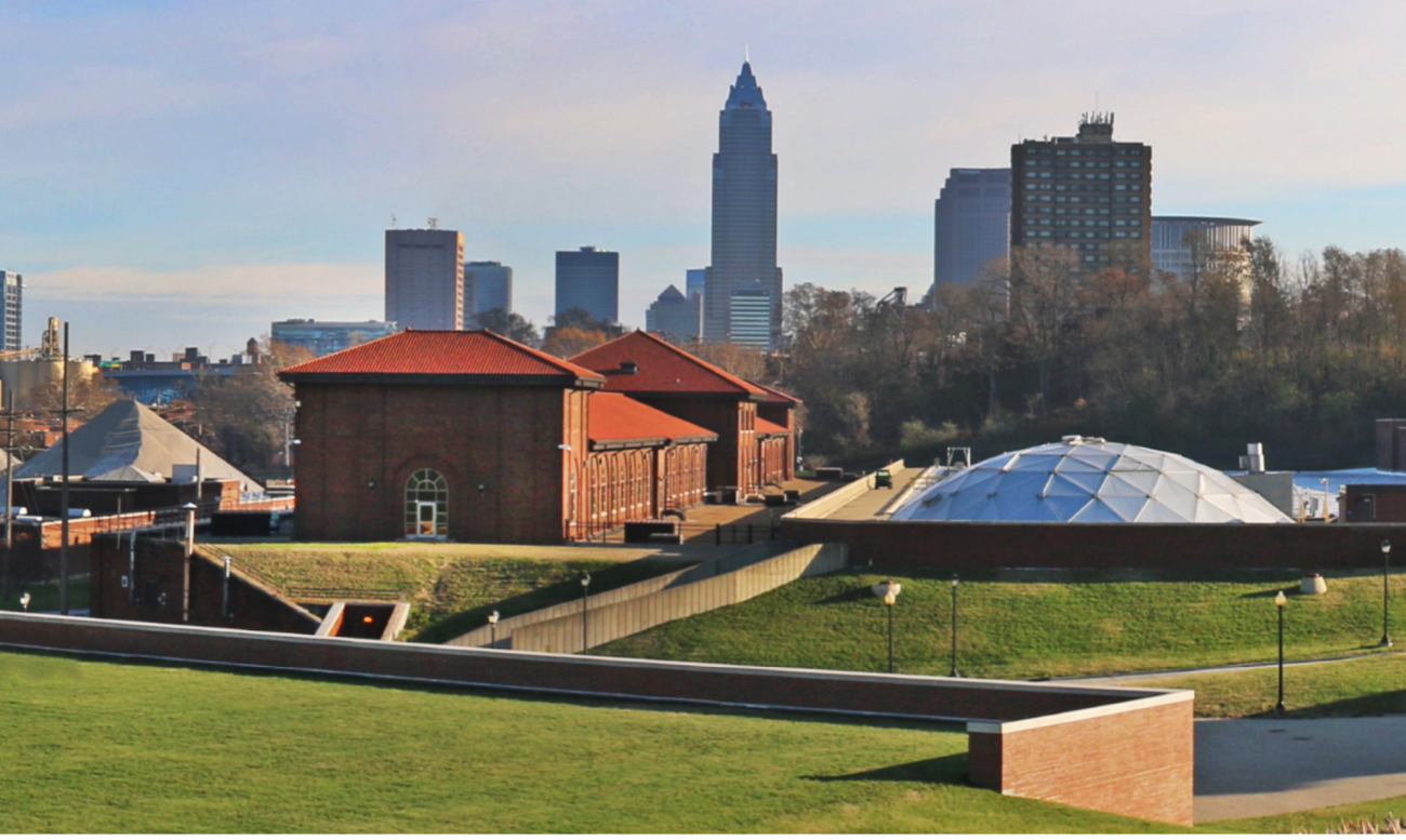 A panoramic view of the Morgan Water Treatment Plant with the skyline of Cleveland in the background