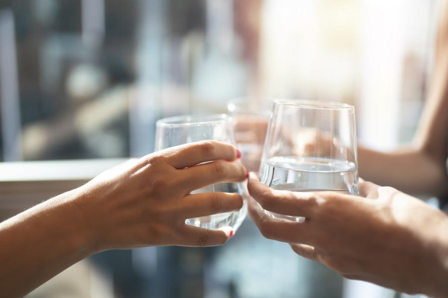 Several people hold glasses of water and cheers