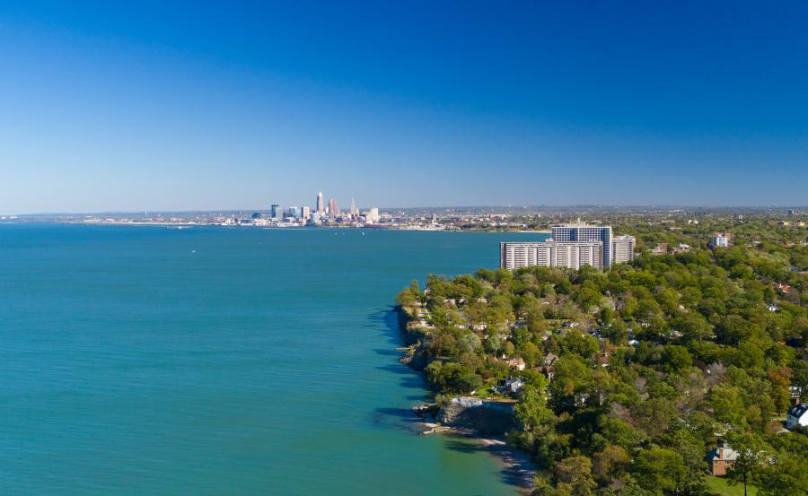 Looking east at downtown Cleveland with Lake Erie on the left and the coastline on the right